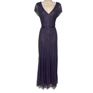 Adrianna Papell Beaded Gown Formal‎ Maxi Dress V Neck Cap Sleeve Size 10